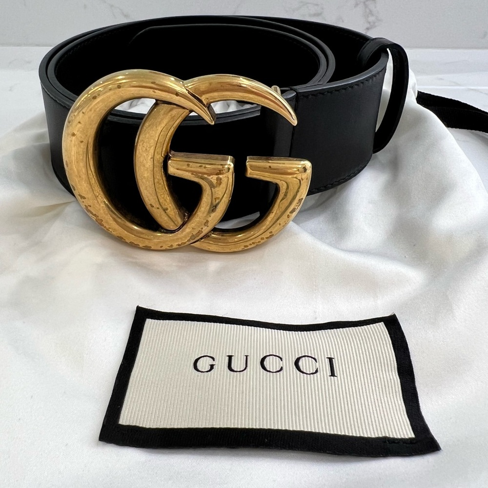 Gucci Double G Leather Belt, Black, Size 80/32